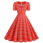 Pink Plaid Party Dresses Women Elegant Vintage Square Collar Short Sleeve Casual Summer Dress - Vintage Shop