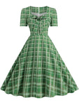 Pink Plaid Party Dresses Women Elegant Vintage Square Collar Short Sleeve Casual Summer Dress - Vintage Shop