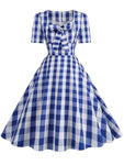 Pink Plaid Party Dresses Women Elegant Vintage Square Collar Short Sleeve Casual Summer Dress - Vintage Shop