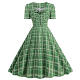 Pink Plaid Party Dresses Women Elegant Vintage Square Collar Short Sleeve Casual Summer Dress - Vintage Shop