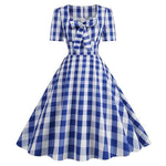 Pink Plaid Party Dresses Women Elegant Vintage Square Collar Short Sleeve Casual Summer Dress - Vintage Shop