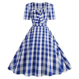 Pink Plaid Party Dresses Women Elegant Vintage Square Collar Short Sleeve Casual Summer Dress - Vintage Shop