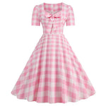 Pink Plaid Party Dresses Women Elegant Vintage Square Collar Short Sleeve Casual Summer Dress - Vintage Shop