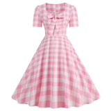 Pink Plaid Party Dresses Women Elegant Vintage Square Collar Short Sleeve Casual Summer Dress - Vintage Shop