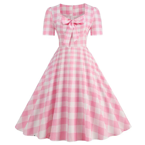 Pink Plaid Party Dresses Women Elegant Vintage Square Collar Short Sleeve Casual Summer Dress