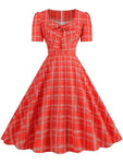 Pink Plaid Party Dresses Women Elegant Vintage Square Collar Short Sleeve Casual Summer Dress - Vintage Shop