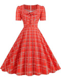 Pink Plaid Party Dresses Women Elegant Vintage Square Collar Short Sleeve Casual Summer Dress - Vintage Shop