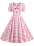 Pink Plaid Party Dresses Women Elegant Vintage Square Collar Short Sleeve Casual Summer Dress - Vintage Shop